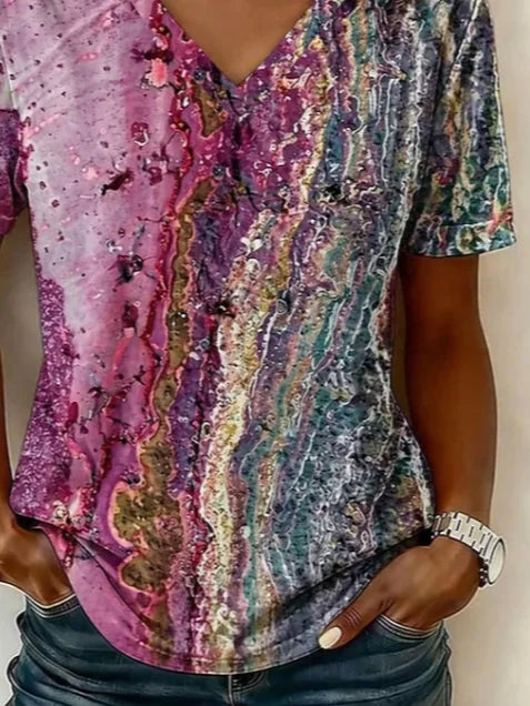 Vintage Abstract V Neck Short Sleeve Women T-shirt