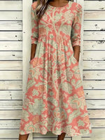 Women Floral Summer Dress Crew Neck Half Sleeve A-Line Maxi Dress