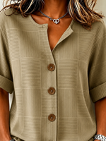 Stand Collar Three Quarter Sleeve Plain Regular Loose Shirt For Women