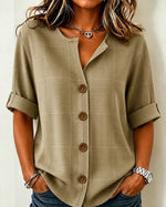 Stand Collar Three Quarter Sleeve Plain Regular Loose Shirt For Women