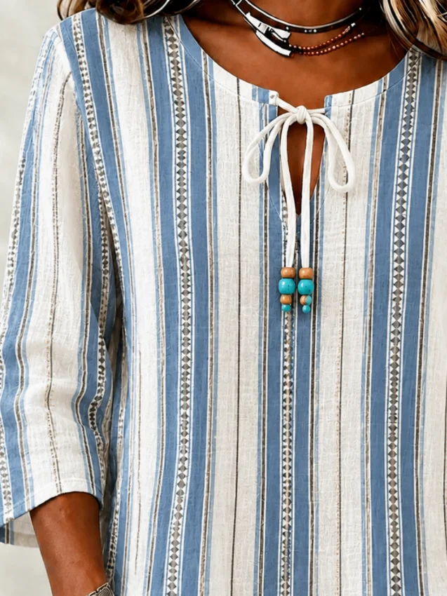 V Neck Half Sleeve Striped Regular Loose Blouse For Women