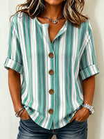 Stand Collar Three Quarter Sleeve Striped Regular Loose Shirt For Women