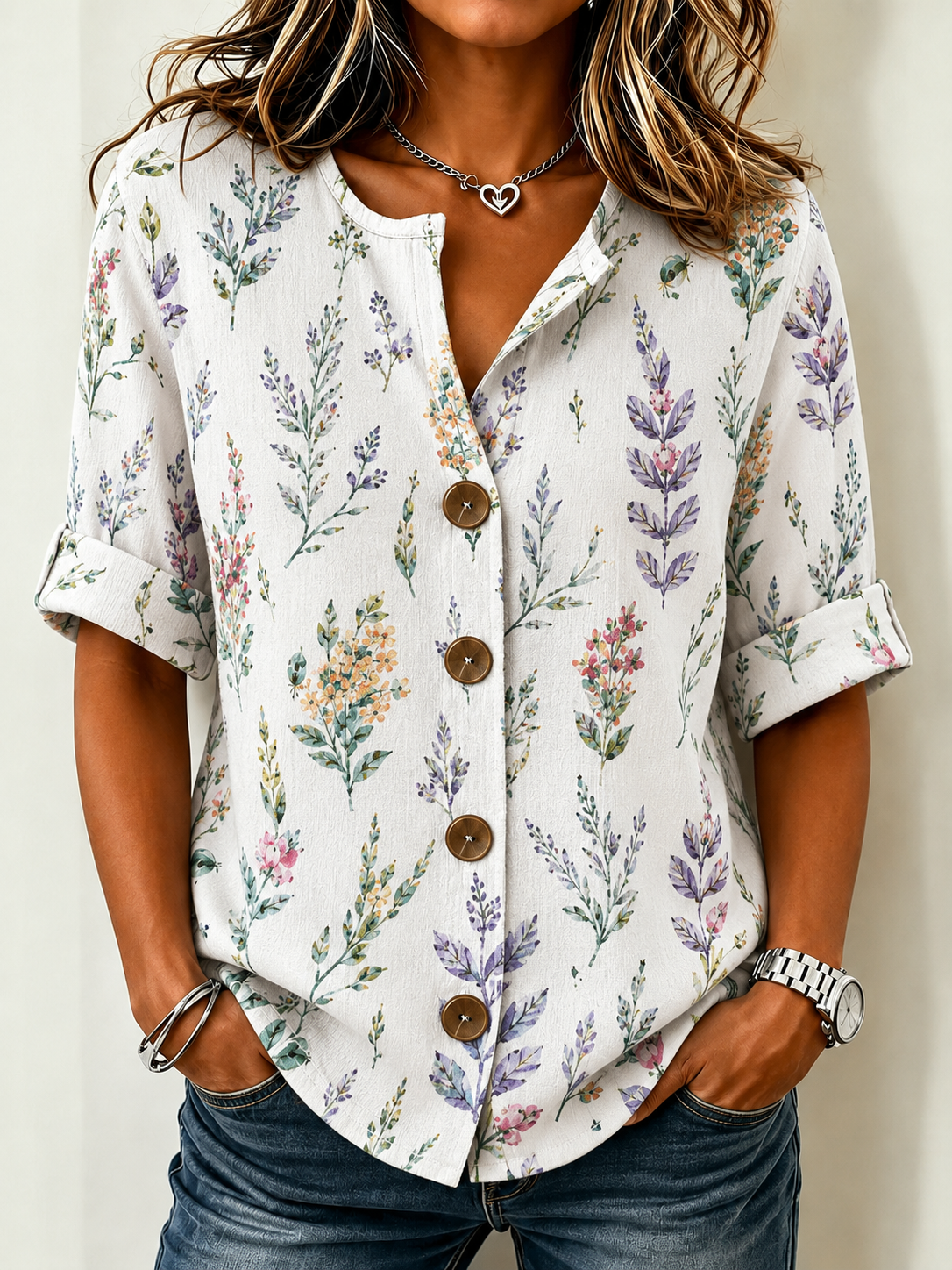 Stand Collar Three Quarter Sleeve Floral Regular Loose Shirt For Women