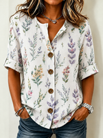Stand Collar Three Quarter Sleeve Floral Regular Loose Shirt For Women