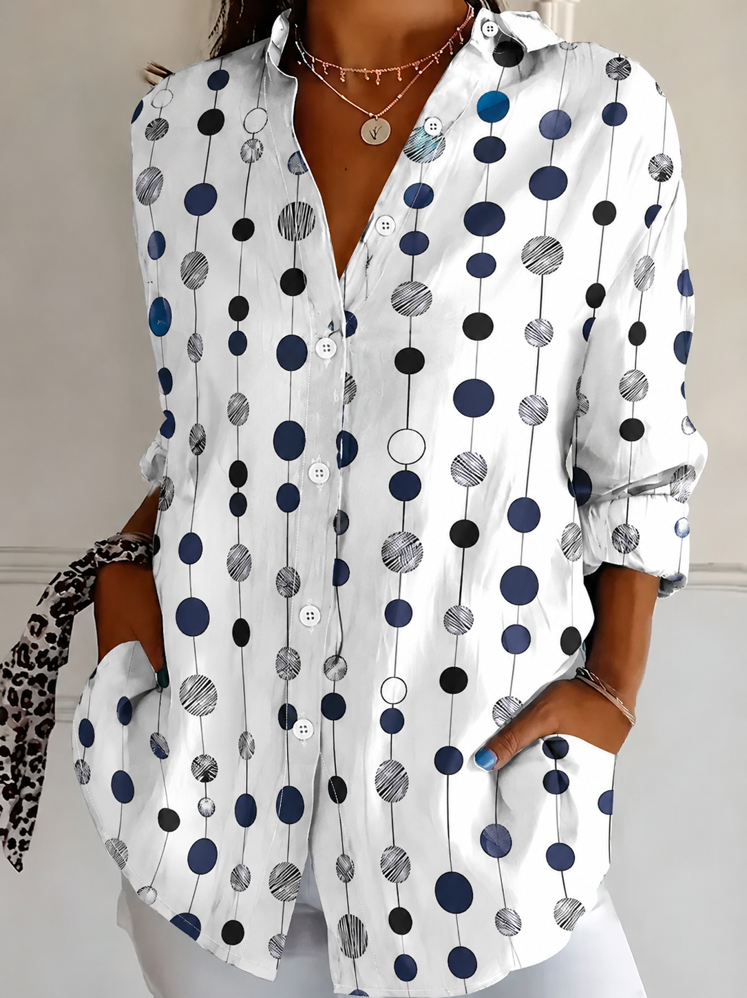 Shirt Collar Long Sleeve Polka Dots Regular Micro-Elasticity Loose Shirt For Women