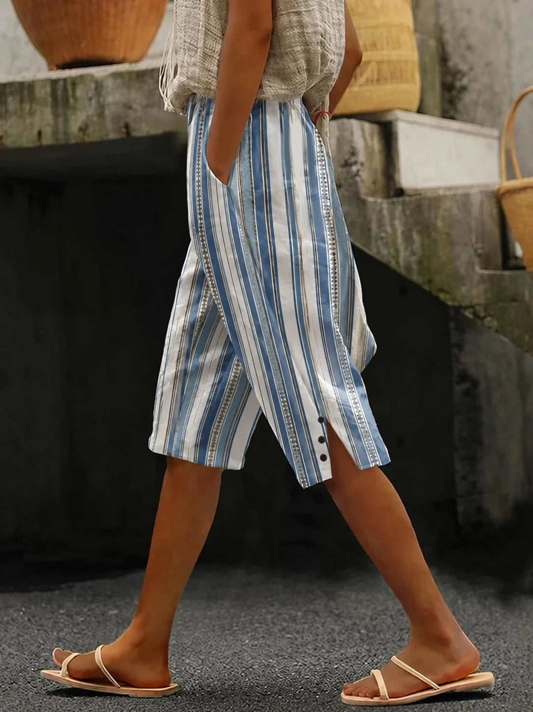 Casual Striped Natural Straight Pants Shorts
