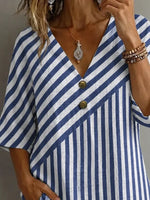V Neck Half Sleeve Striped Regular Micro-Elasticity Loose Blouse For Women