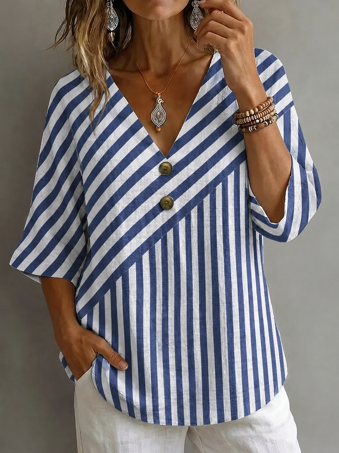 V Neck Half Sleeve Striped Regular Micro-Elasticity Loose Blouse For Women