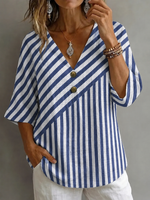 V Neck Half Sleeve Striped Regular Micro-Elasticity Loose Blouse For Women