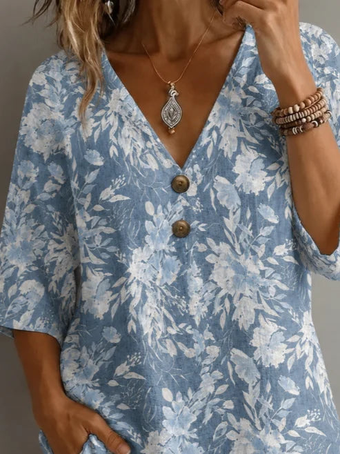 V Neck Half Sleeve Floral Regular Micro-Elasticity Loose Blouse For Women