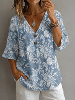 V Neck Half Sleeve Floral Regular Micro-Elasticity Loose Blouse For Women
