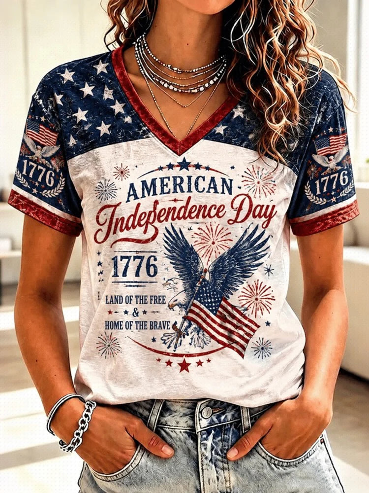Vintage Independence Day Eagle Flag Art Print V-neck Short Sleeve T-shirt