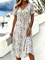 Multicolor Ditsy Floral V Neck Short Sleeve Loose A-Line Midi T-Shirt Dress