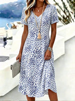 Blue Watercolor Dot Print V Neck Short Sleeve Loose A-Line Midi T-Shirt Dress