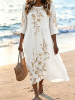 White Embroidery Floral Crew Neck Half Sleeve Loose A-Line Linen Midi Dress