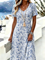Blue White Porcelain Bird Floral V Neck Short Sleeve Loose A-Line Midi T-Shirt Dress