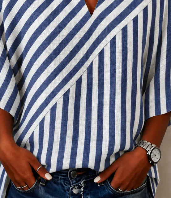 Blue White Mixed Diagonal Vertical Stripe Half Open V Neck Half Sleeve Loose Linen Blend Blouse With Side Pockets