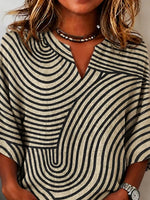 Khaki Black Abstract Curved Stripe Half Open Notch V Neck Half Sleeve Loose Casual Blouse With Side Pockets