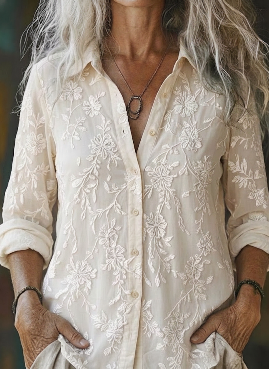 Off White 3D Floral Embroidery Shirt Collar Long Sleeve Button Down Loose Shirt With Side Pockets