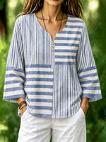 Blue Mixed Wide Thin Stripe Notch Henley Neck Flare Long Sleeve Loose Casual Blouse With Side Pockets