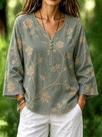 Green Vintage Floral Notch Henley Neck Flare Long Sleeve Loose Linen Blouse With Side Pockets