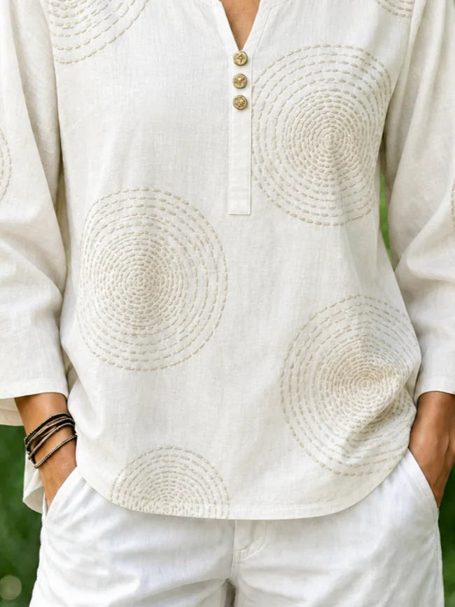 White Concentric Circle Geometric Print Notch Henley Neck Flare Long Sleeve Loose Linen Blouse With Side Pockets