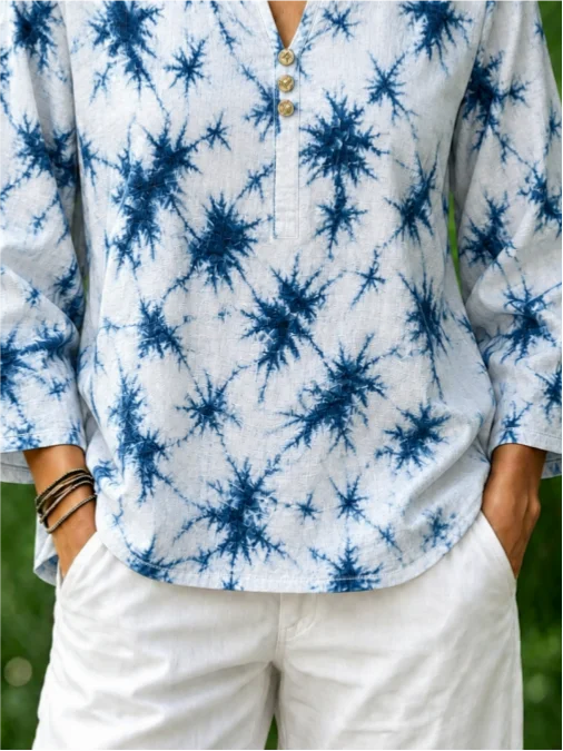 Blue Tie-Dye Burst Print Notch Henley Neck Flare Loose Linen Blouse With Side Pockets