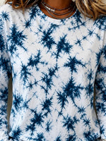 White Blue Tie-Dye Pattern Crew Neck Long Sleeve Casual T-Shirt