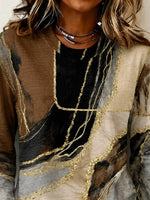 Brown Abstract Marble Print Crew Neck Long Sleeve Casual T-shirt