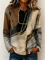 Brown Abstract Marble Print Crew Neck Long Sleeve Casual T-shirt