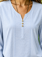 Blue White Striped Notch Henley Neck Long Sleeve Loose Blouse For Women