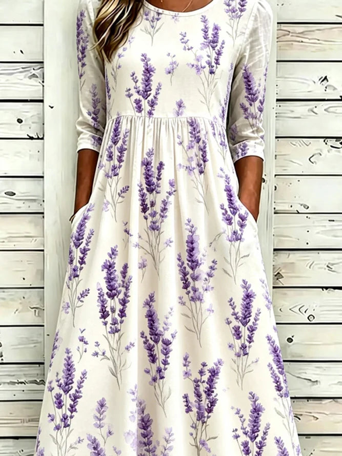 Off White Lavender Floral Crew Neck Half Sleeve A-Line Summer T-Shirt Dress