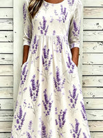 Off White Lavender Floral Crew Neck Half Sleeve A-Line Summer T-Shirt Dress