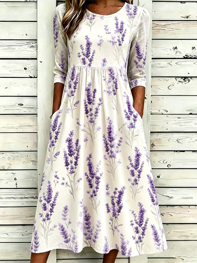 Off White Lavender Floral Crew Neck Half Sleeve A-Line Summer T-Shirt Dress