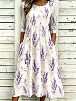 Off White Lavender Floral Crew Neck Half Sleeve A-Line Summer T-Shirt Dress