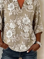 Khaki 3D Floral Embroidery V Neck Half Sleeve Loose Blouse For Women