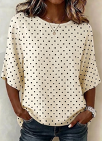 Cream Polka Dots Crew Neck 3/4 Sleeve Regular Fit Blouse For Women