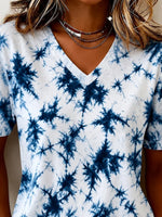Vintage Blue Tie-Dye V Neck Short Sleeve Casual T-shirt