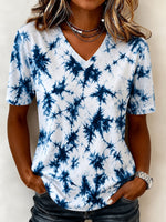 Vintage Blue Tie-Dye V Neck Short Sleeve Casual T-shirt