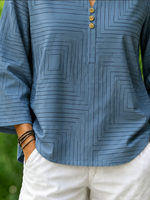 Blue Geometric Square Print Crew Neck Long Sleeve Loose Blouse For Women