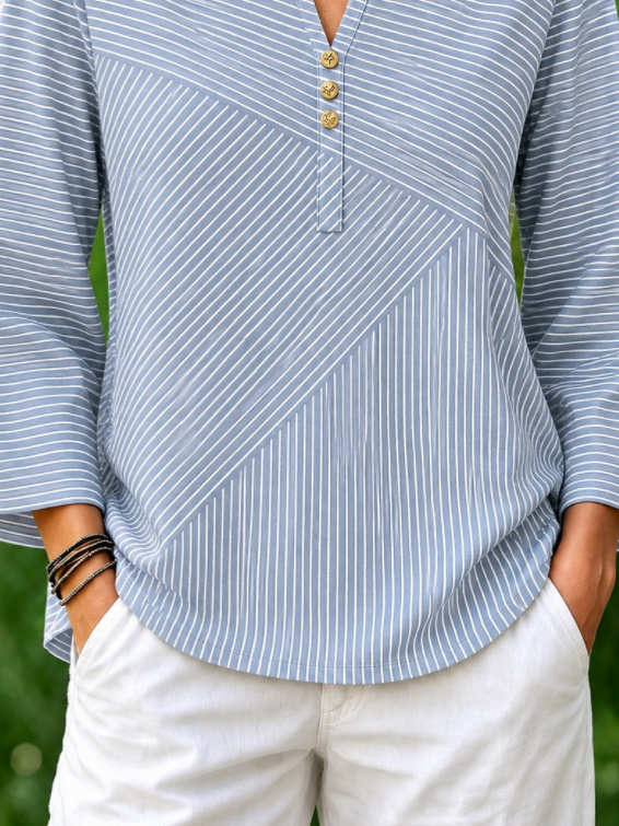 Blue Mixed Vertical Diagonal Striped Crew Neck Long Sleeve Loose Blouse For Women