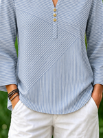 Blue Mixed Vertical Diagonal Striped Crew Neck Long Sleeve Loose Blouse For Women