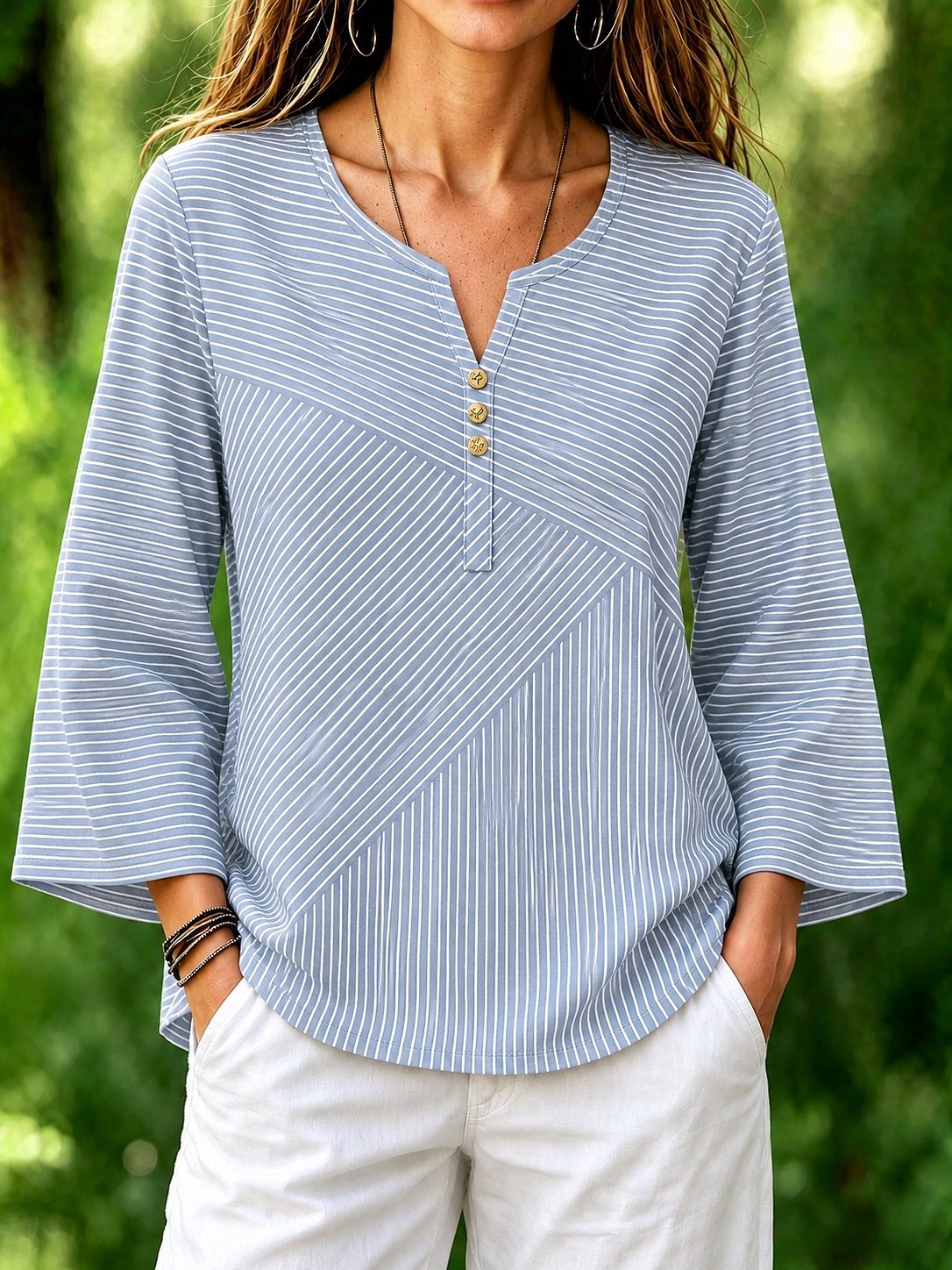 Blue Mixed Vertical Diagonal Striped Crew Neck Long Sleeve Loose Blouse For Women