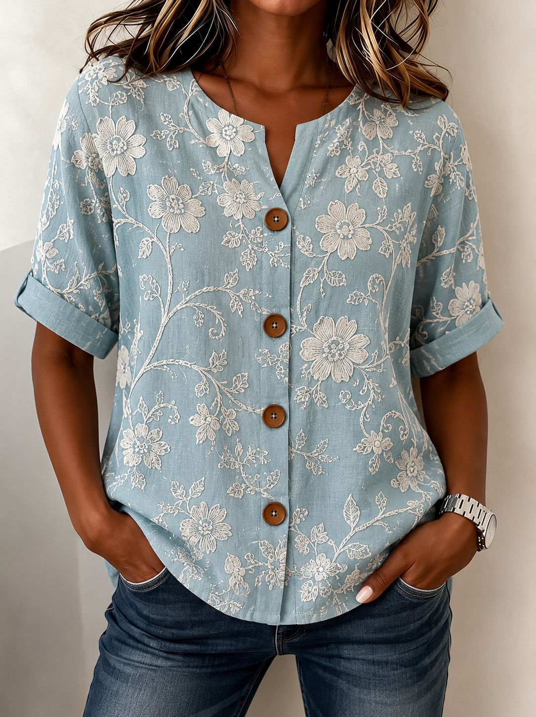 Light Blue Floral Print Stand Collar Short Sleeve Loose Shirt For Women
