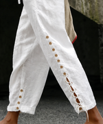 White Linen Drawstring Waist Ankle Pants With Side Button Lace-Up Detail For Women