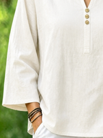 White Plain Crew Neck Long Sleeve Loose Linen Blouse For Women