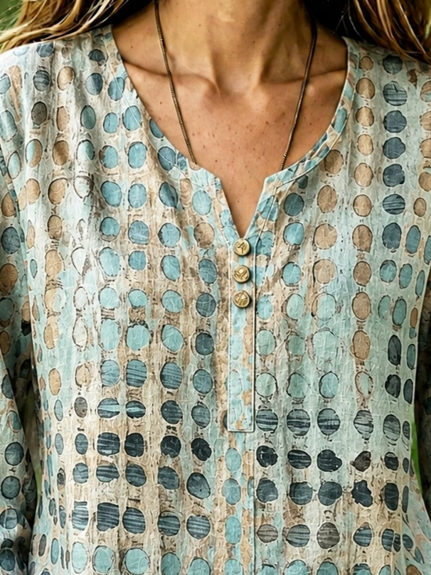 Green Abstract Polka Dot Crew Neck Long Sleeve Loose Blouse For Women