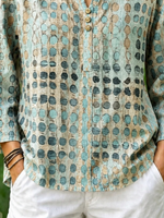 Green Abstract Polka Dot Crew Neck Long Sleeve Loose Blouse For Women