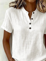 White Plain Stand Collar V Neck Short Sleeve Linen Shirt For Women