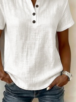 White Plain Stand Collar V Neck Short Sleeve Linen Shirt For Women